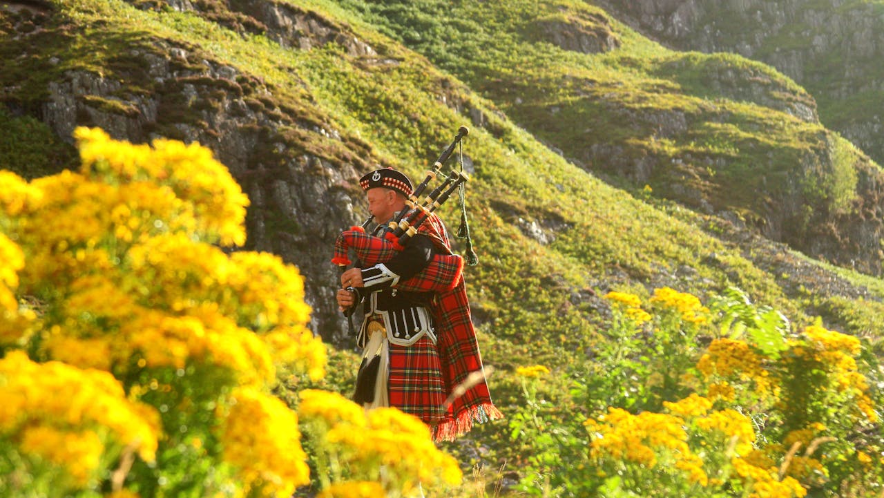 Photo of a Man in Red, Black, and White Plaid Traditional Suit on Yellow Flower Field